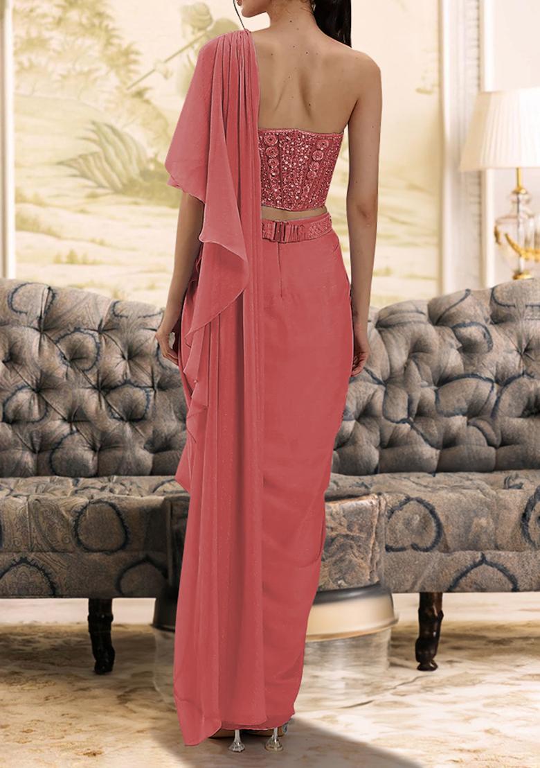 Peach Pre-Stitched Saree Set With Hand Embroidered Blouse