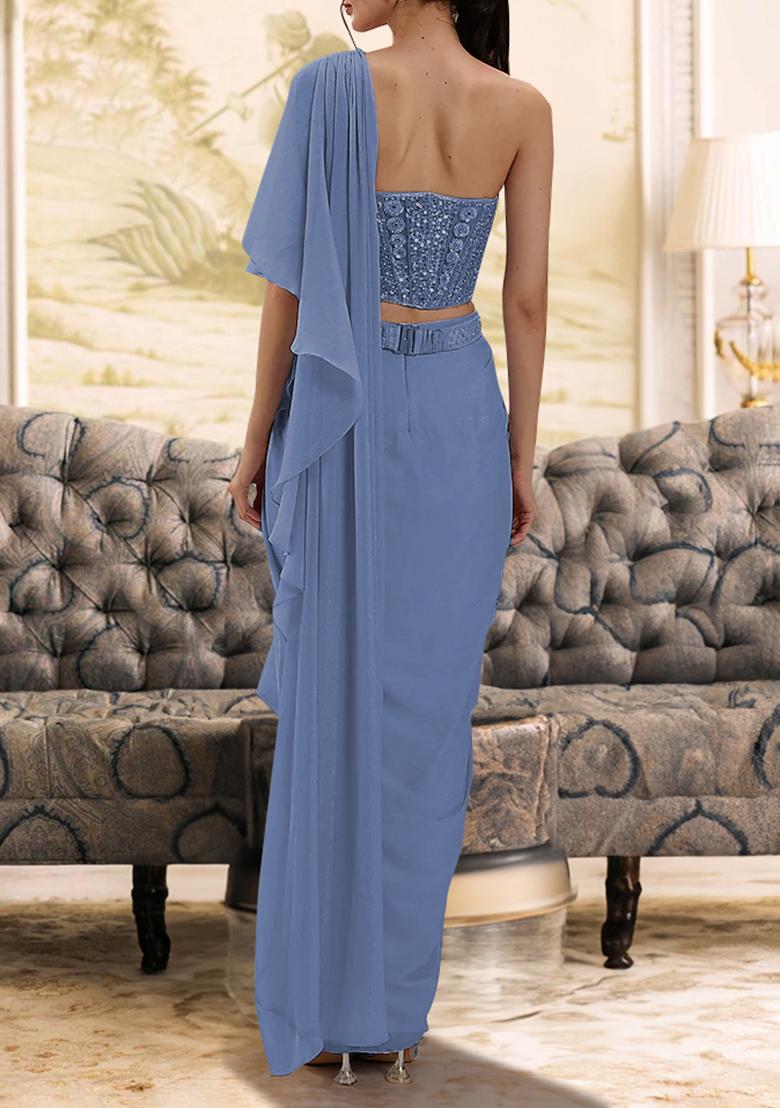 Slate Blue Pre-Stitched Saree Set With Hand Embroidered Blouse