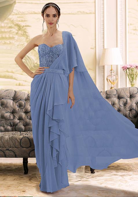 Slate Blue Pre-Stitched Saree Set With Hand Embroidered Blouse