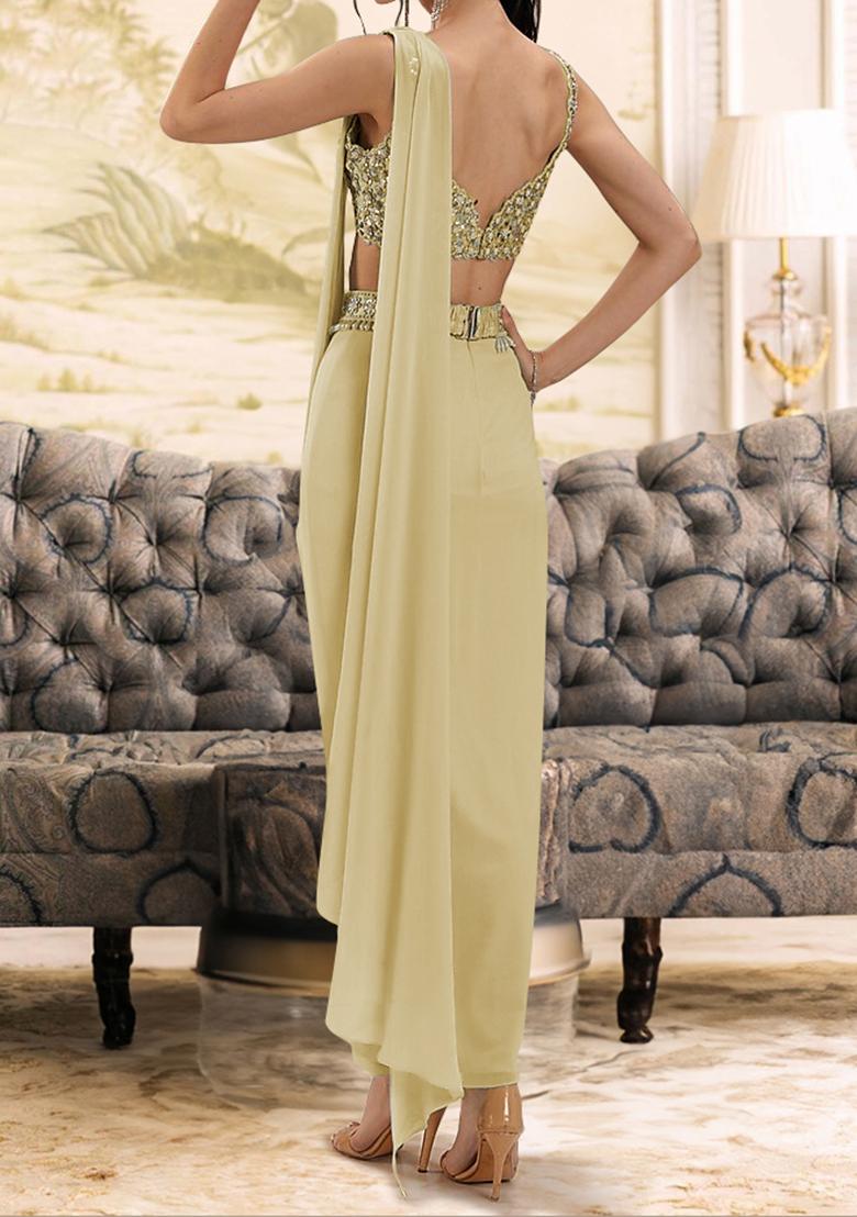 Yellow Pre-Stitched Saree Set With Hand Embroidered Blouse