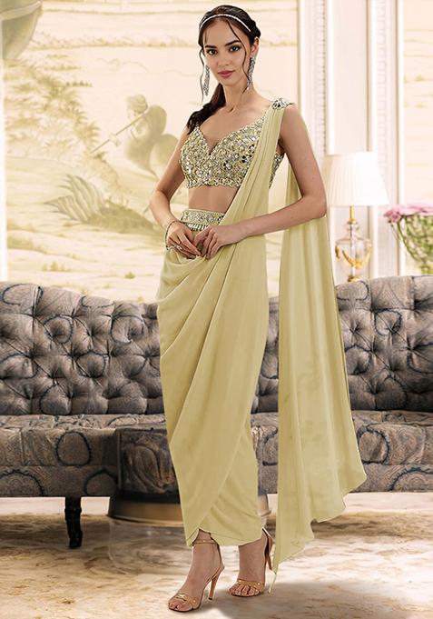 Yellow Pre-Stitched Saree Set With Hand Embroidered Blouse
