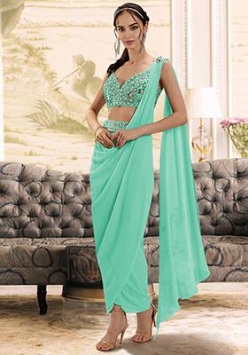 Sea Green Pre-Stitched Saree Set With Hand Embroidered Blouse
