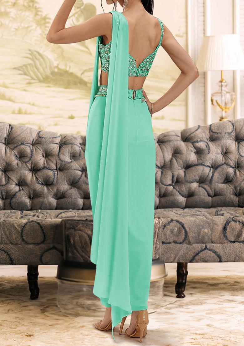 Sea Green Pre-Stitched Saree Set With Hand Embroidered Blouse
