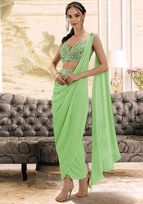 Lime Green Pre-Stitched Saree Set With Hand Embroidered Blouse