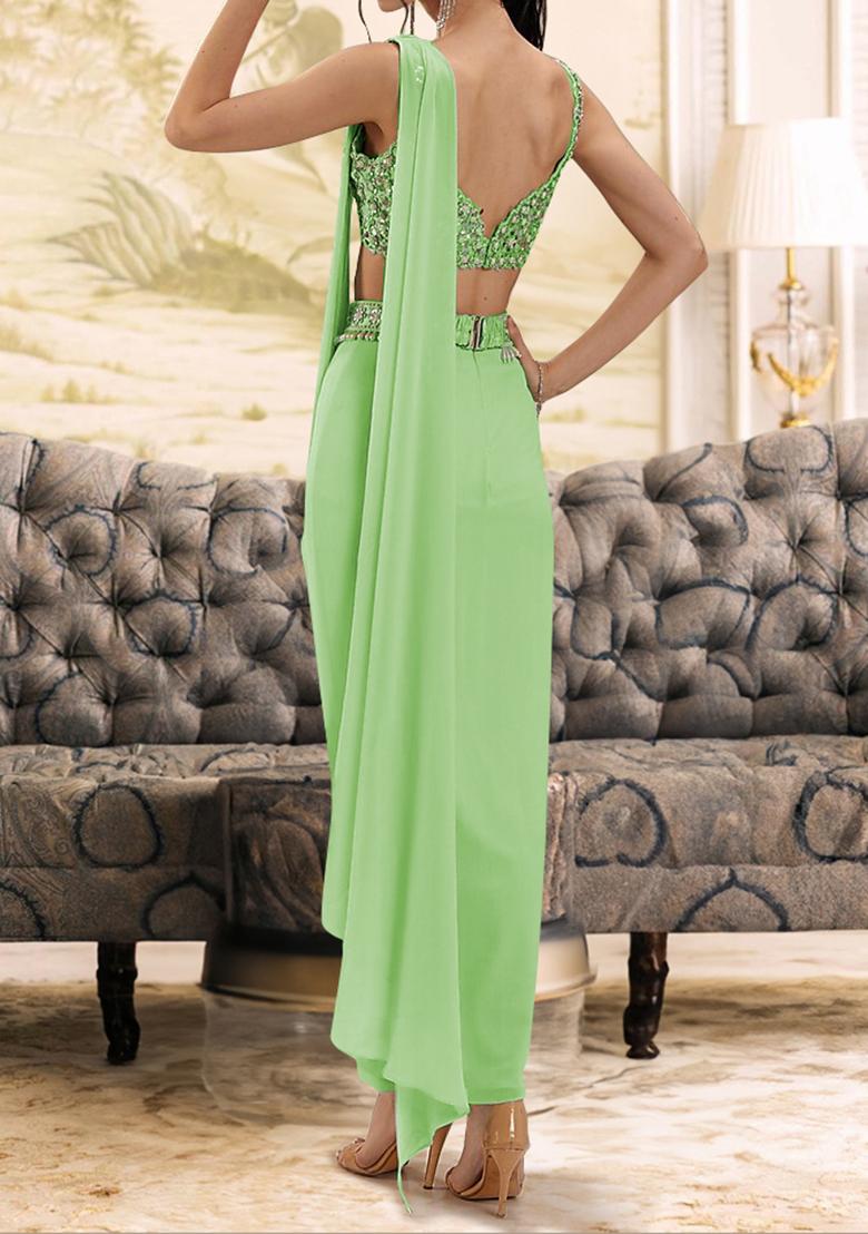 Lime Green Pre-Stitched Saree Set With Hand Embroidered Blouse