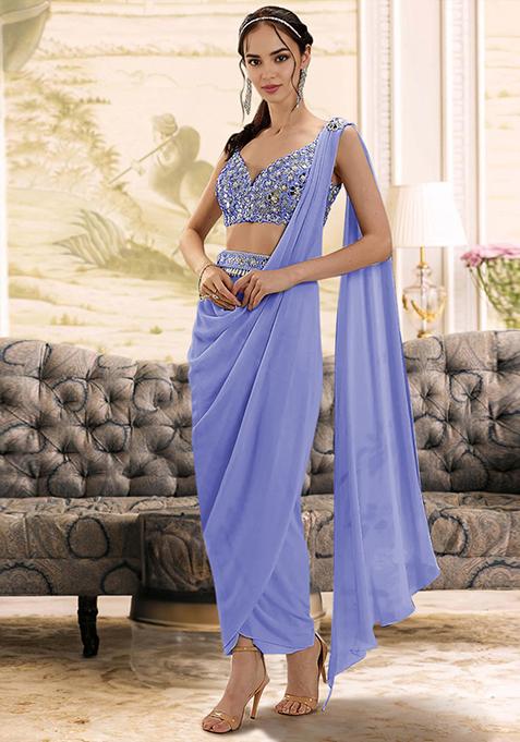 Purple Pre-Stitched Saree Set With Hand Embroidered Blouse