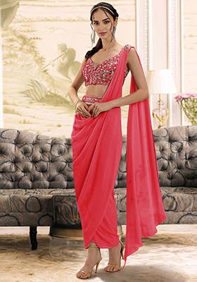 Peach Pre-Stitched Saree Set With Hand Embroidered Blouse