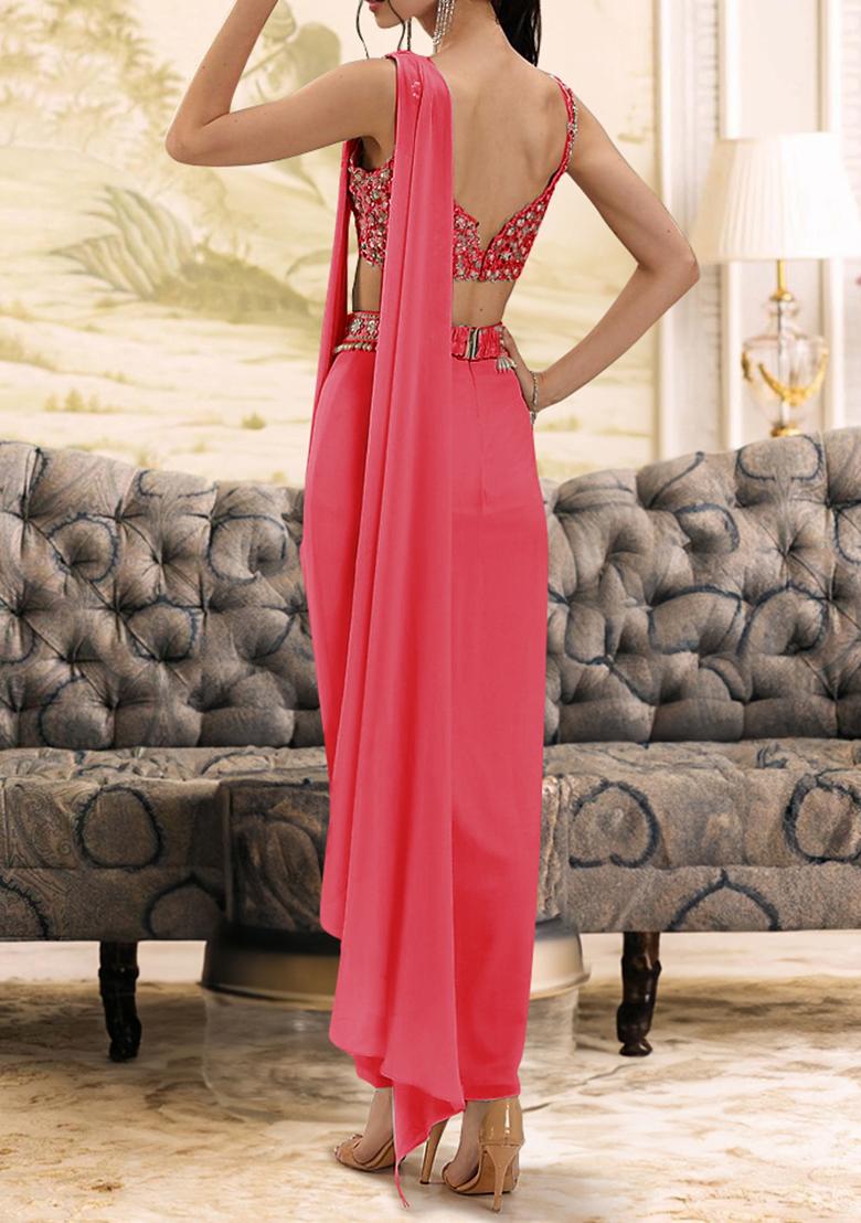 Peach Pre-Stitched Saree Set With Hand Embroidered Blouse