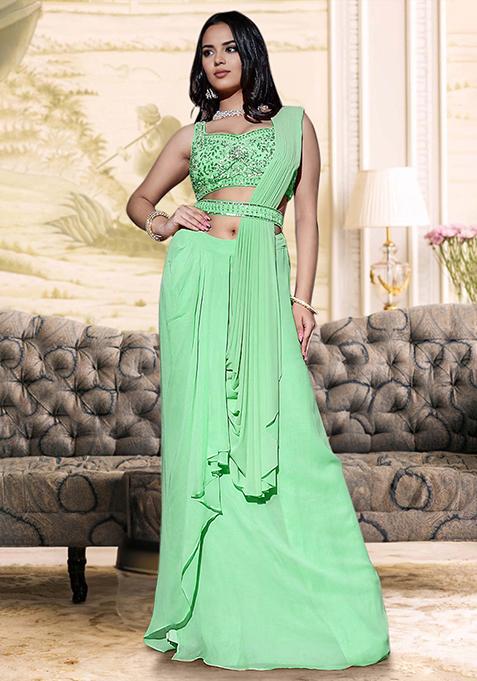 Green Pre-Stitched Saree Set With Hand Embroidered Blouse