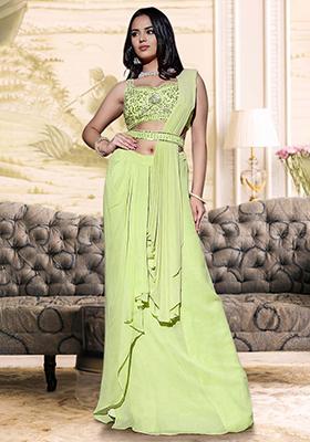 Yellow Pre-Stitched Saree Set With Hand Embroidered Blouse