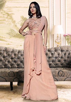 Coral Pre-Stitched Saree Set With Hand Embroidered Blouse