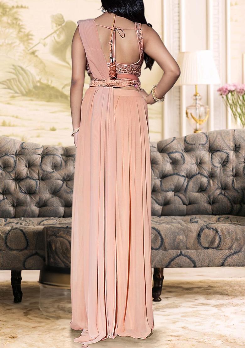 Coral Pre-Stitched Saree Set With Hand Embroidered Blouse