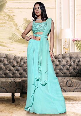Sky Blue Pre-Stitched Saree Set With Hand Embroidered Blouse