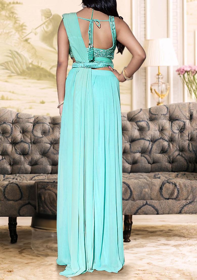 Sky Blue Pre-Stitched Saree Set With Hand Embroidered Blouse