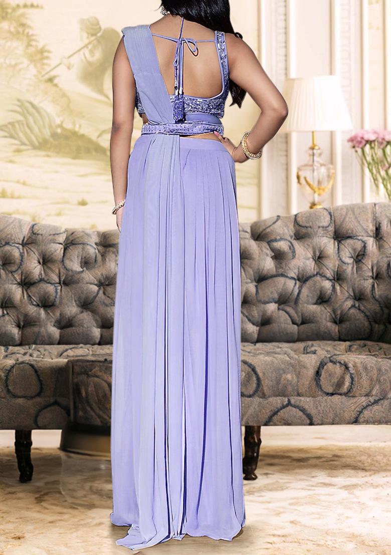 Purple Pre-Stitched Saree Set With Hand Embroidered Blouse