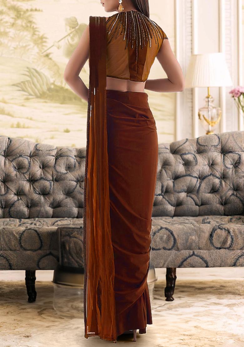 Brown Pre-Stitched Saree Set With Hand Embroidered Blouse
