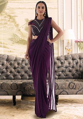 Plum Purple Pre-Stitched Saree Set With Hand Embroidered Blouse