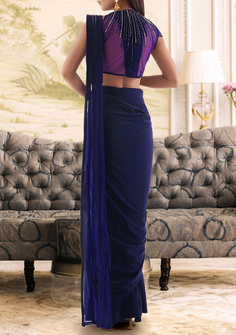 Blue Pre-Stitched Saree Set With Hand Embroidered Blouse