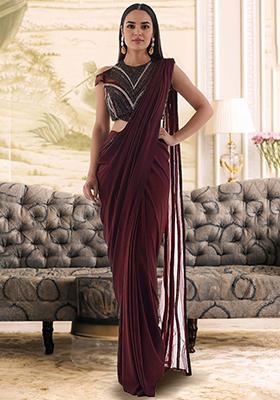 Brick Red Pre-Stitched Saree Set With Hand Embroidered Blouse
