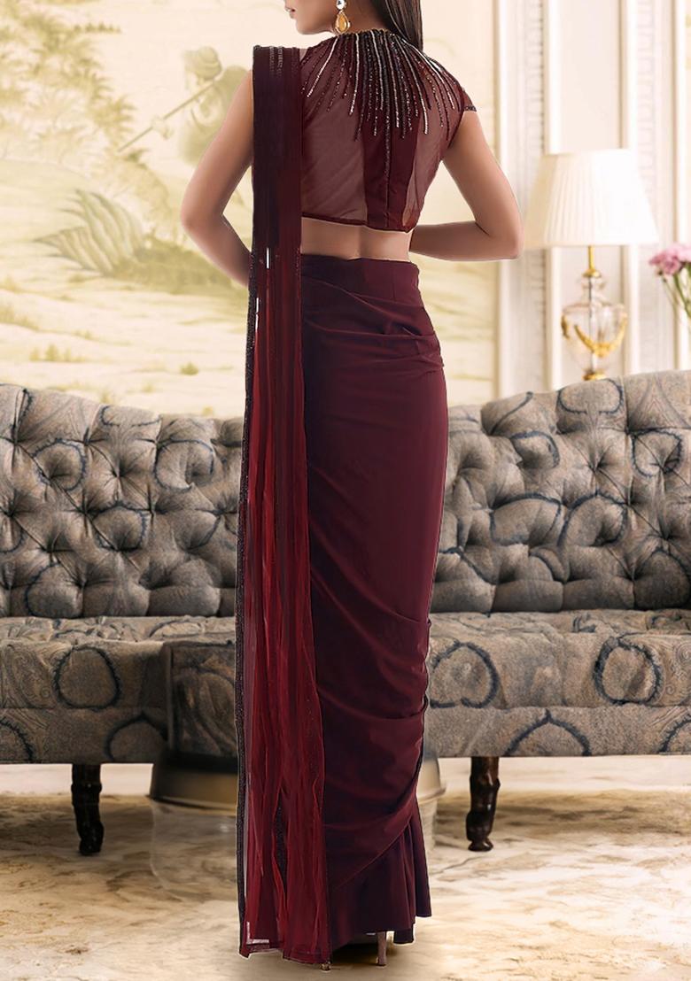 Brick Red Pre-Stitched Saree Set With Hand Embroidered Blouse