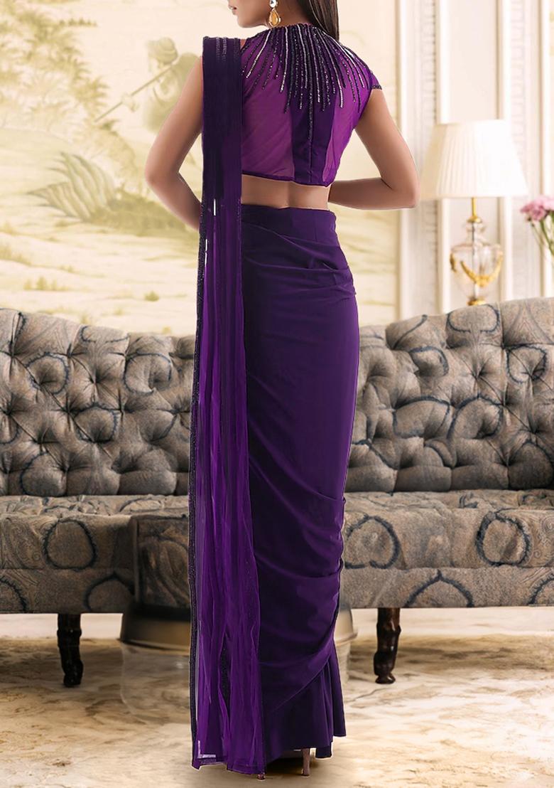 Purple Pre-Stitched Saree Set With Hand Embroidered Blouse