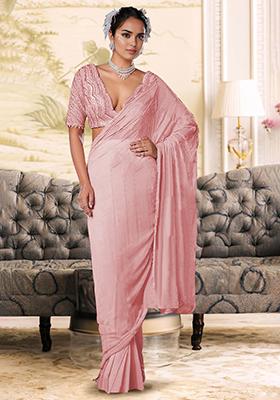 Coral Pre-Stitched Saree Set With Hand Embroidered Blouse