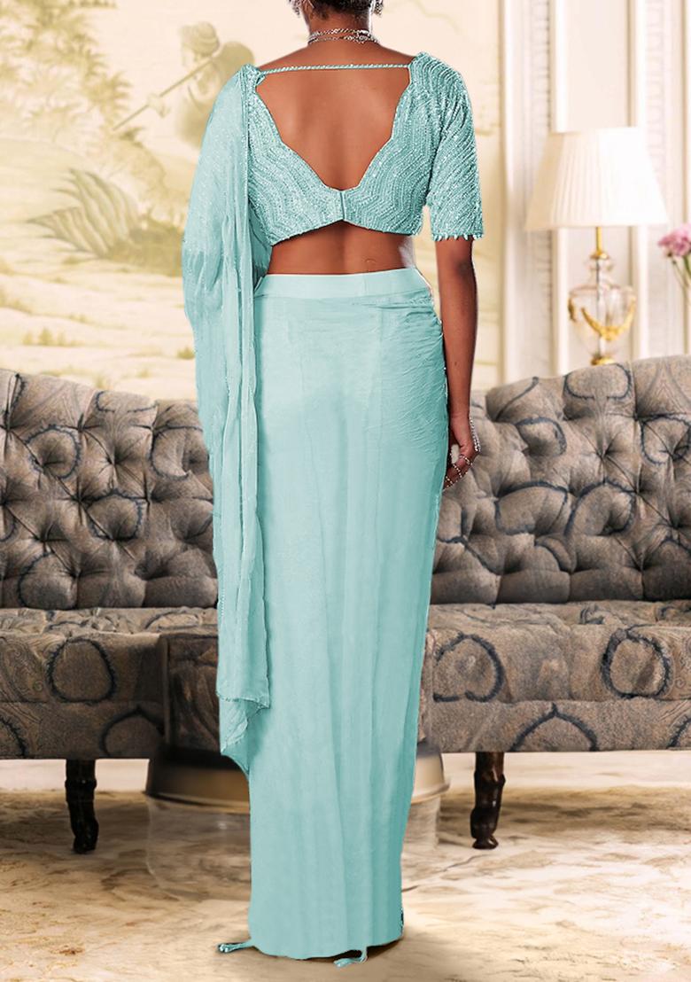 Green Pre-Stitched Saree Set With Hand Embroidered Blouse