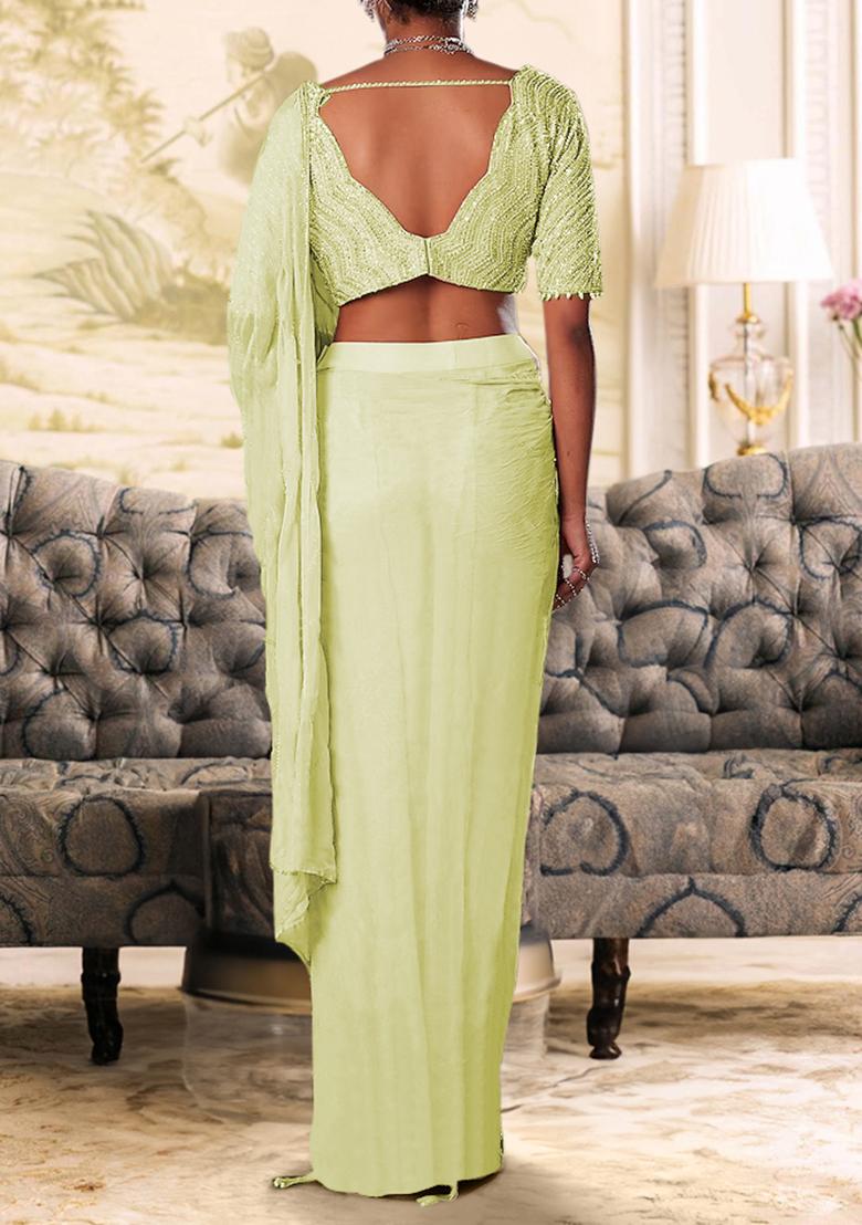 Yellow Pre-Stitched Saree Set With Hand Embroidered Blouse