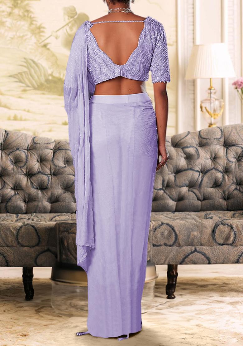 Lavendar Pre-Stitched Saree Set With Hand Embroidered Blouse