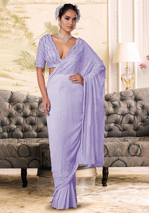 Lavendar Pre-Stitched Saree Set With Hand Embroidered Blouse