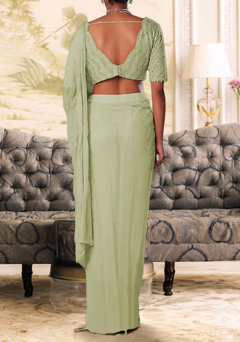 Green Pre-Stitched Saree Set With Hand Embroidered Blouse