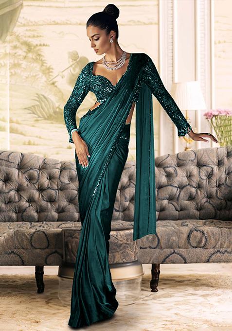 Green Pre-Stitched Saree Set With Hand Embroidered Blouse