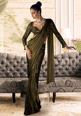 Brown Pre-Stitched Saree Set With Hand Embroidered Blouse