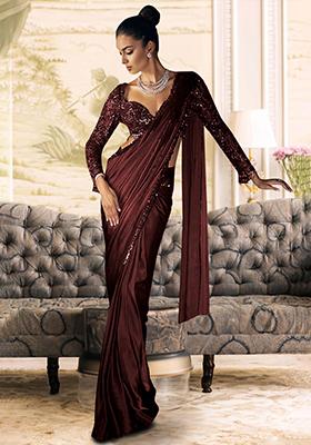 Maroon Pre-Stitched Saree Set With Hand Embroidered Blouse