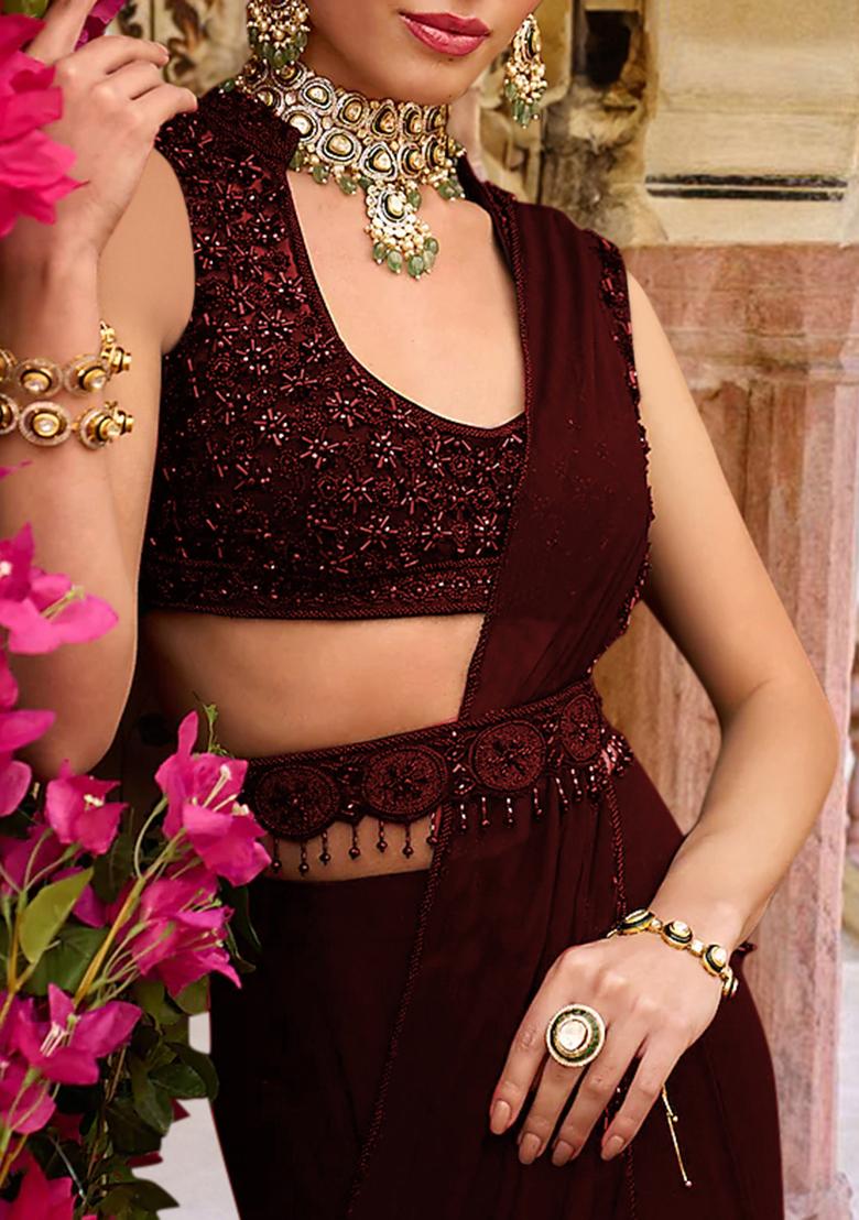 Maroon Pre-Stitched Saree Set With Hand Embroidered Blouse