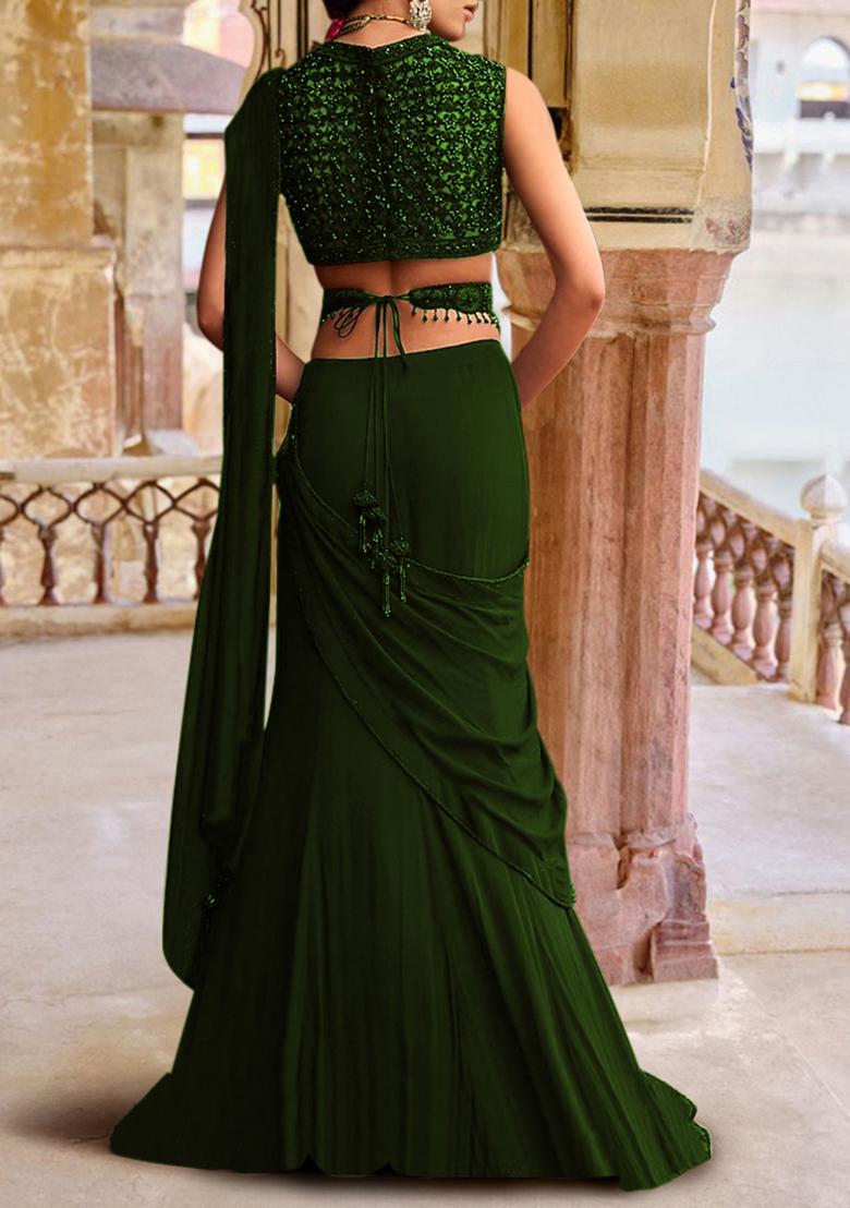 Green Pre-Stitched Saree Set With Hand Embroidered Blouse
