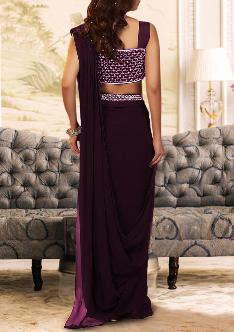 Purple Pre-Stitched Saree Set With Hand Embroidered Blouse