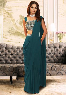 Turquoise Pre-Stitched Saree Set With Hand Embroidered Blouse