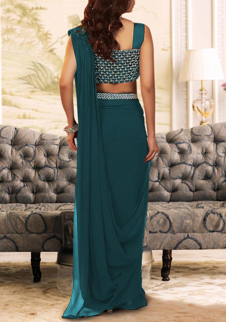 Turquoise Pre-Stitched Saree Set With Hand Embroidered Blouse