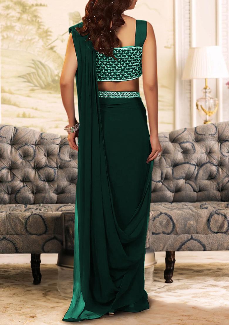 Dark Green Pre-Stitched Saree Set With Hand Embroidered Blouse