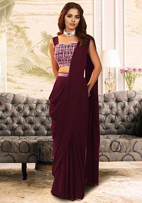 Maroon Pre-Stitched Saree Set With Hand Embroidered Blouse