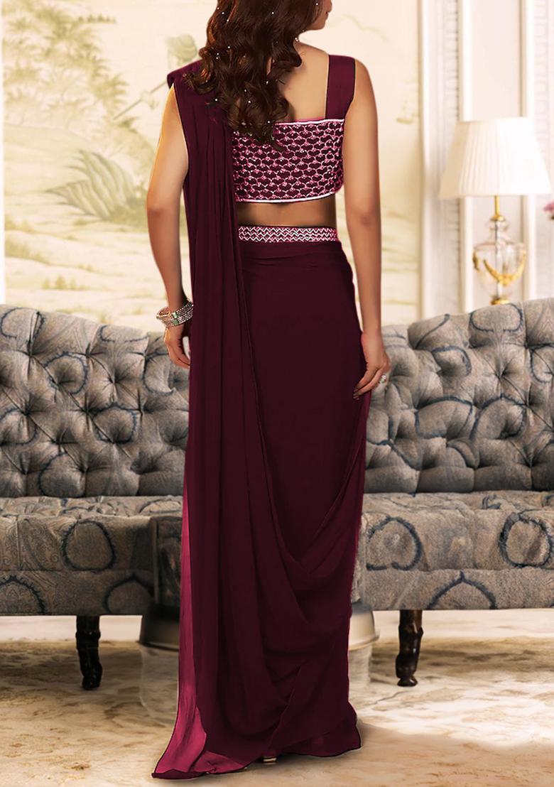 Maroon Pre-Stitched Saree Set With Hand Embroidered Blouse