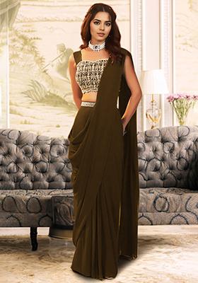 Dark Yellow Pre-Stitched Saree Set With Hand Embroidered Blouse