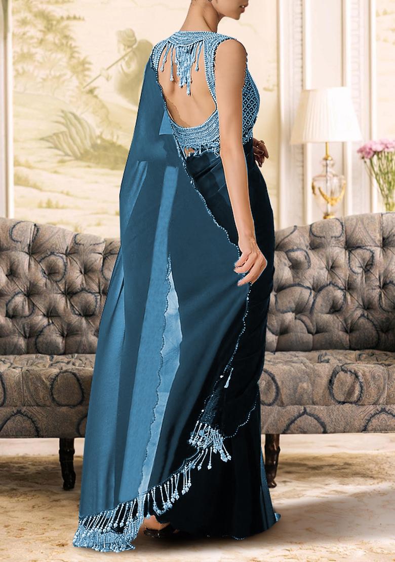Teal Blue Pre-Stitched Saree Set With Hand Embroidered Blouse