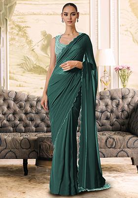Forest Green Pre-Stitched Saree Set With Hand Embroidered Blouse