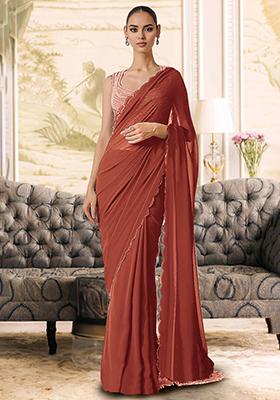 Rust Orange Pre-Stitched Saree Set With Hand Embroidered Blouse