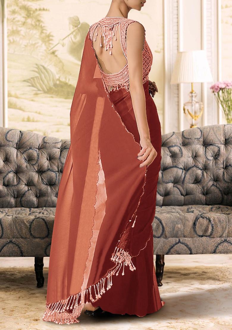 Rust Orange Pre-Stitched Saree Set With Hand Embroidered Blouse