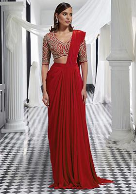 Red Pre-Stitched Saree Set With Hand Embroidered Blouse