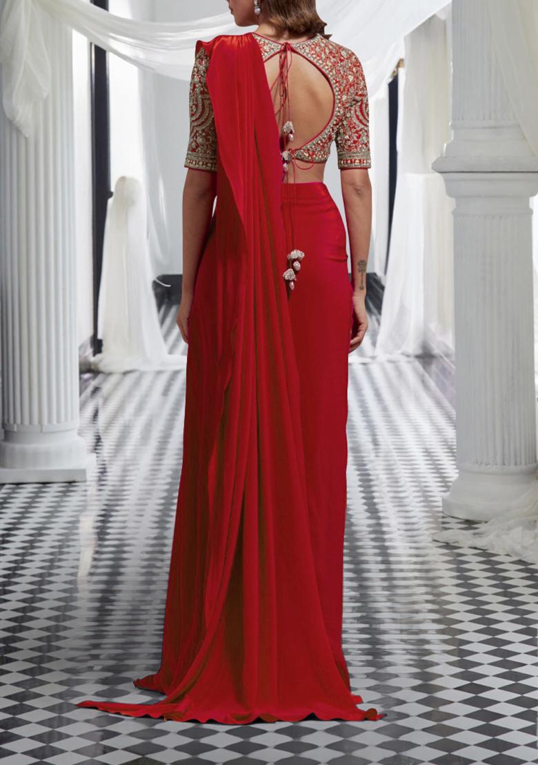Red Pre-Stitched Saree Set With Hand Embroidered Blouse