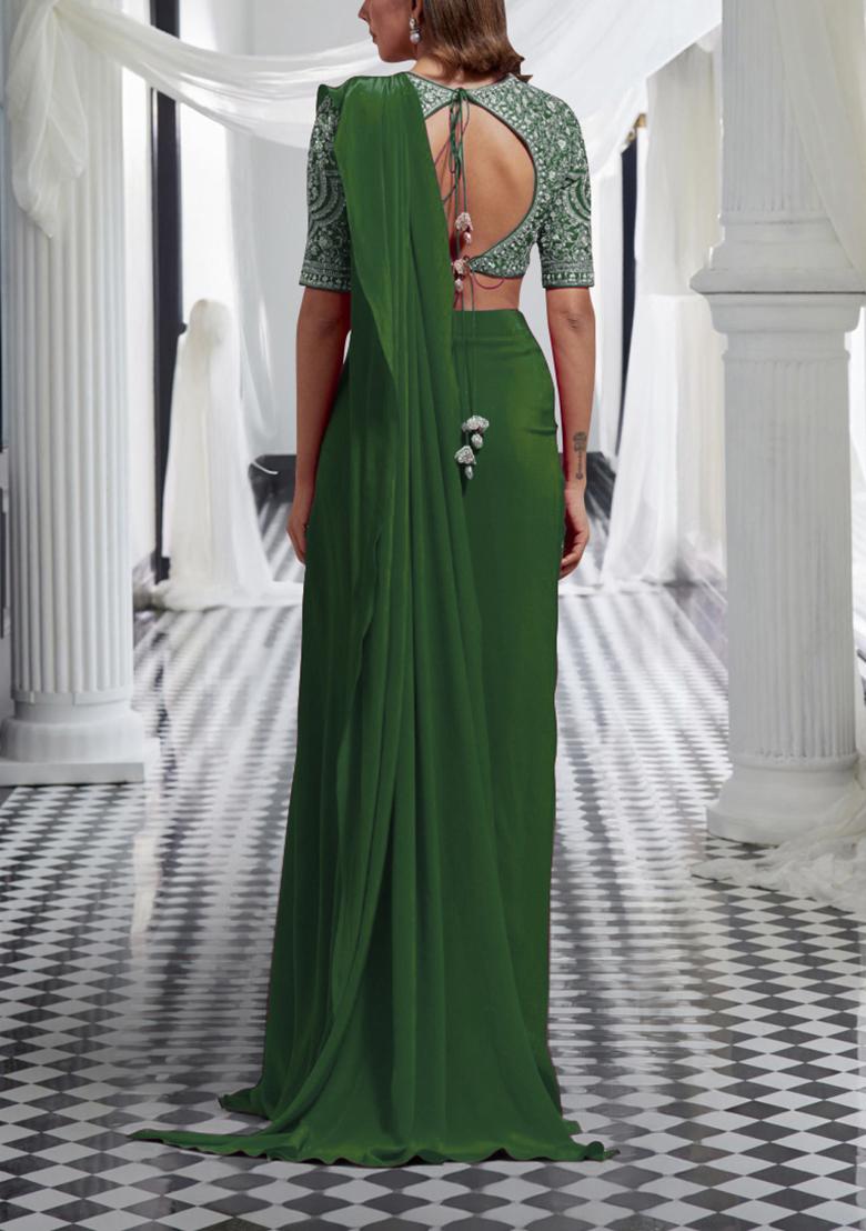 Green Pre-Stitched Saree Set With Hand Embroidered Blouse